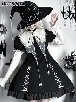 Japonský Originál Lolita Šaty Denné Halloween Cos Oblečenie Slúžka Punk Tmavé Blacke Rozstrapatené Skladaný Šaty Žien Nové Jeseň Vestido Obrázok