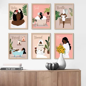 Moderná Žena Kúpeľňa Wall Art Plátno na Maľovanie Boho Módne Čierne Dievča, Plagáty a Tlač Obrázkov pre Spálne Výzdoba Interiéru Obrázok