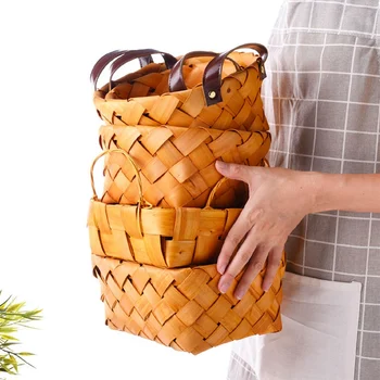 Ručne Vyrábané Drevené Úložný Kôš Japonský Okrúhly Chlieb, Ovocie Skladovanie Drevené Úložný Kôš Ploche Dokončovacie Box S Rukoväťou Obrázok