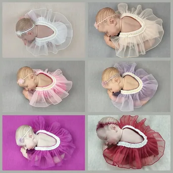 2 Ks Novorodenca Fotografie Rekvizity Oblečenie Baby Dievčatá Pearl Šaty+Čipky Hlavový Most Set Baby Baletné Šaty Studio Streľba Príslušenstvo Obrázok