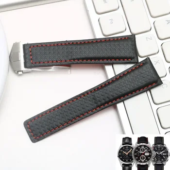 20 mm 22 mm Pre TAG Heuer F1 Watchband Uhlíkových Vlákien Textúra Dobytka Cowhide Black Red Band Mužov Popruh S Skladací Obrázok