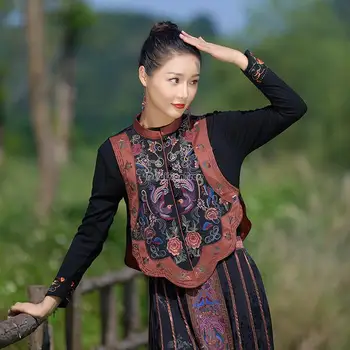2023 čínskych etnických štýl jeseň zima nové výšivky spojov dizajn stojana golier vesta bez rukávov ženy retro vesta top t001 Obrázok