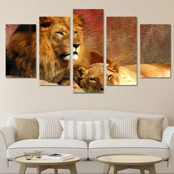 5 Panel trávnych porastov Lions Obrázky, Plagáty, Nástenné Art Domova Príslušenstvo Plátno HD Obrazy Obývacej Izby, Spálne Dekorácie Obrázok
