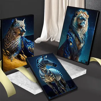 Blue Golden Božskou Zvierat Výtvarné Umenie Plagátu A Vytlačí Hviezdne Nebo Lev, Žirafa Kôň Patróna Plátna Nástenné Maľby Dekorácie Obrázok