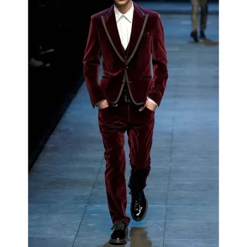 Burgundsko Vrchol Klope Singel Svojim Velvet Muži Obleky Elegantné Bežné Obchodné Slim Fit Oblečenie Formálne Svadby Smoking 3 Dielny Kostým Obrázok