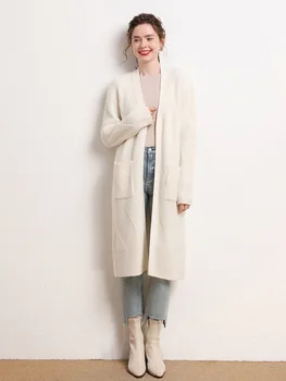 Cashmere cardigan žien pribrala 2023 jeseň/zima nové polovice dĺžky buttonless vrecku vlna pletený sveter bunda Obrázok