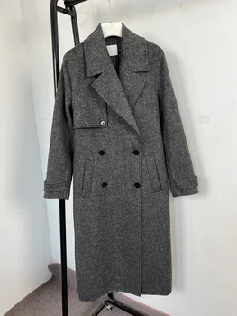ETJ2023 traf jeseň a v zime nová vlna zmiešané vlnené kabát dámske klasické šedé double-breasted vyhovovali golier dlhý kabát vlnené Obrázok