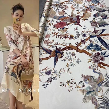 Európa a Amerika Veľké Značky Chinoiserie Populárnej Vták Tlač Keper Hodvábna Tkanina DIY Šaty Polohy High-end Luxusný Textílie Satin Obrázok