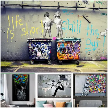 Graffiti Umenie Abstraktné Maliarske Plátno Banksy - Plagáty a Vytlačí Dve Dieťa Graffiti Nástenné Maľby Domov Bar Dekorácie, Obrázky Obrázok