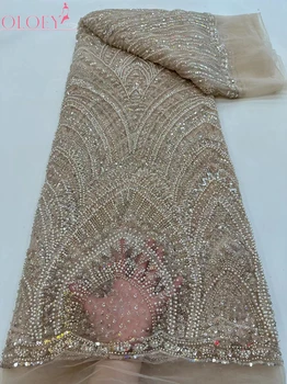 High-End Luxusný Francúzsky Výšivky Ťažké Ženícha Čipky Textílie Afriky Nigérijský S Sequin Textílie Pre Svadobné Šaty Strany Obrázok