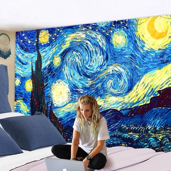 Hviezdy, Mesiac Noc Gobelín Dekoratívne Deka Textílie Slávny Van Gogh Tlač Stene Visí Spálne  Obrázok