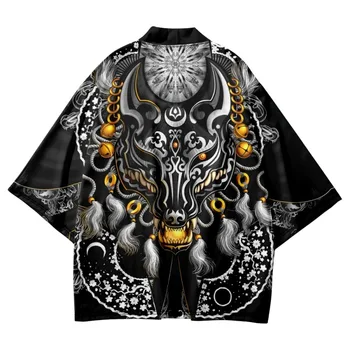 Japonský Cosplay Fox Samuraj Print Biele Kimono Streetwear Cardigan Pláži Yukata Muži Ženy Haori Harajuku Topy Ázijské Oblečenie Obrázok