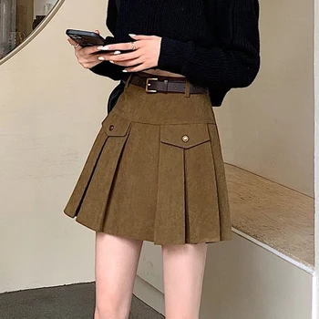 Jeseň Zima Vysoký Pás Skladaný A-line Menčester Mini Sukne Ženy Ležérne Módne Solid Farba Vintage Sukne dámske Oblečenie Obrázok