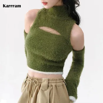 Karrram Mohair Turtleneck Sveter Ženy Slim Fuzzy Plodín Pulóvre Kórejský Štýl Duté Z Nelegálnych Dizajn Jumper Streetwear Obrázok