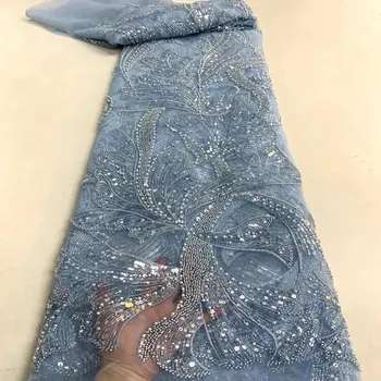 Luxusné Postupnosť LaceNigeria Výšivky Oka Čipky Afriky Ťažké Korálkové Textílie S Flitrami Na spoločenské TS2111 Obrázok
