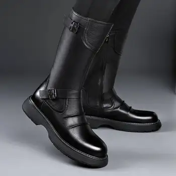 muži luxusné módne vysoký rytier topánky originálne kožené jeseň zimné topánky značky dizajnér platformu boot dlho motocykel botas muž Obrázok