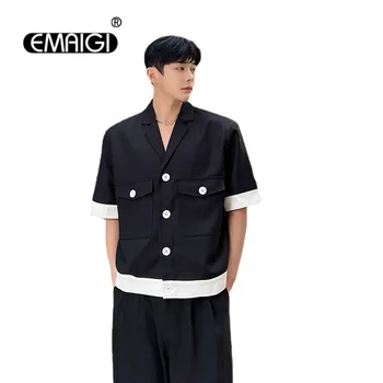 Muži Čierna Biela Patchwork Voľné Bežné Krátky Rukáv Blejzre Sako Čistý Celebrity Kórejský Streetwear Vintage Módy Kabát Obrázok