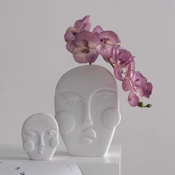 Nordic Vázy Biele Keramické Dekor Sušené Kvety Tvar Tváre Keramické Kvetináče Dekorácie Domova Moderné Izby Kvet Aranžér Obrázok