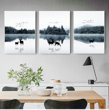 Plátno Plagát, Tlač Maľovanie Nordic Dekorácie Zvierat Jeleň Rodiny Lesa Lanscape Obrázok pre Obývacia Izba Home Office Dekor 2-34 Obrázok