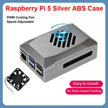 Raspberry Pi 5 ABS Prípade Tieň Strieborná Shell s PWM Rýchlosť, Nastaviteľné Chladiaci Ventilátor Tlačidlo Napájania Aktívny Chladič pre Raspberry Pi 5 Obrázok