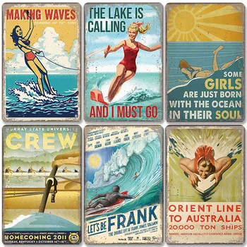 Vintage Surfovanie Plakety Kovov Cín Známky Surf Beach Dievčatá Retro Vlny Plechu Steny Výzdoba Surfovanie Po Webe Klubu Obývacia Izba Domov Obrázok