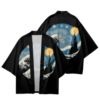 Vlna Mesiac Vytlačené Čierne Japonské Kimono Beach Šortky V Lete Pár Muži Ženy Yukata Tričko Haori Cardigan Cosplay Obrázok