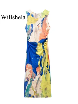 Willshela Ženy Móda Tlačené Skladaný Backless Štrbinou Midi Šaty Vintage O-Krku Bez Rukávov Žena Lady Chic Šaty Obrázok