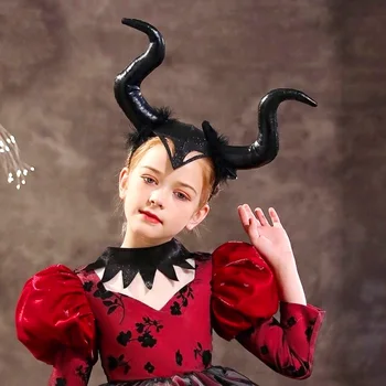 Čierna Kráľovná Demon Dlho Vôl Rohy Pokrývku Hlavy Cosplay Zlého Čarodejnice Headpiece Halloween Karneval Strany Žien Detský Kostým Vlasy Hoop Prop Obrázok