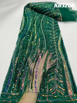 Čipky Textílie S korálkami Svadobné Svadobné Šaty Zelené Tkanív Čipky Sequin Korálkové Tylu Čipky Afrika Nigéria Textílie, Čipky KB3266 Obrázok