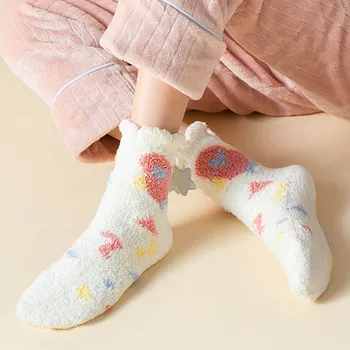 Ženy Zimné Zahustiť Teplé Coral Fleece Ponožky Anti-slip Spánku Poschodí Ponožky 2023 Nové Módne Roztomilý Kawaii Tlač Uprostred Trubice Ponožky Obrázok